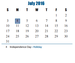 District School Academic Calendar for James E Williams Elementary for July 2016