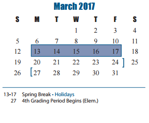 District School Academic Calendar for Katy Elementary for March 2017