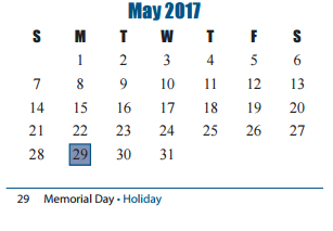 District School Academic Calendar for Franz Elementary for May 2017