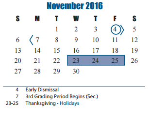 District School Academic Calendar for Beckendorff Junior High for November 2016