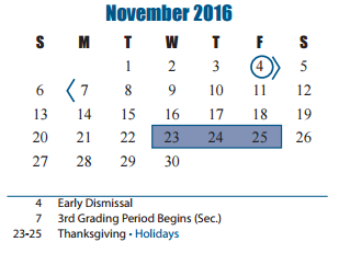 District School Academic Calendar for Project Tyke for November 2016