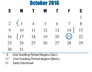 District School Academic Calendar for Sue Creech Elementary for October 2016