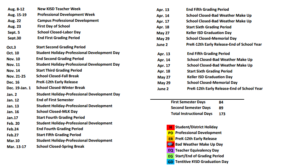 District School Academic Calendar Key for New Elementary