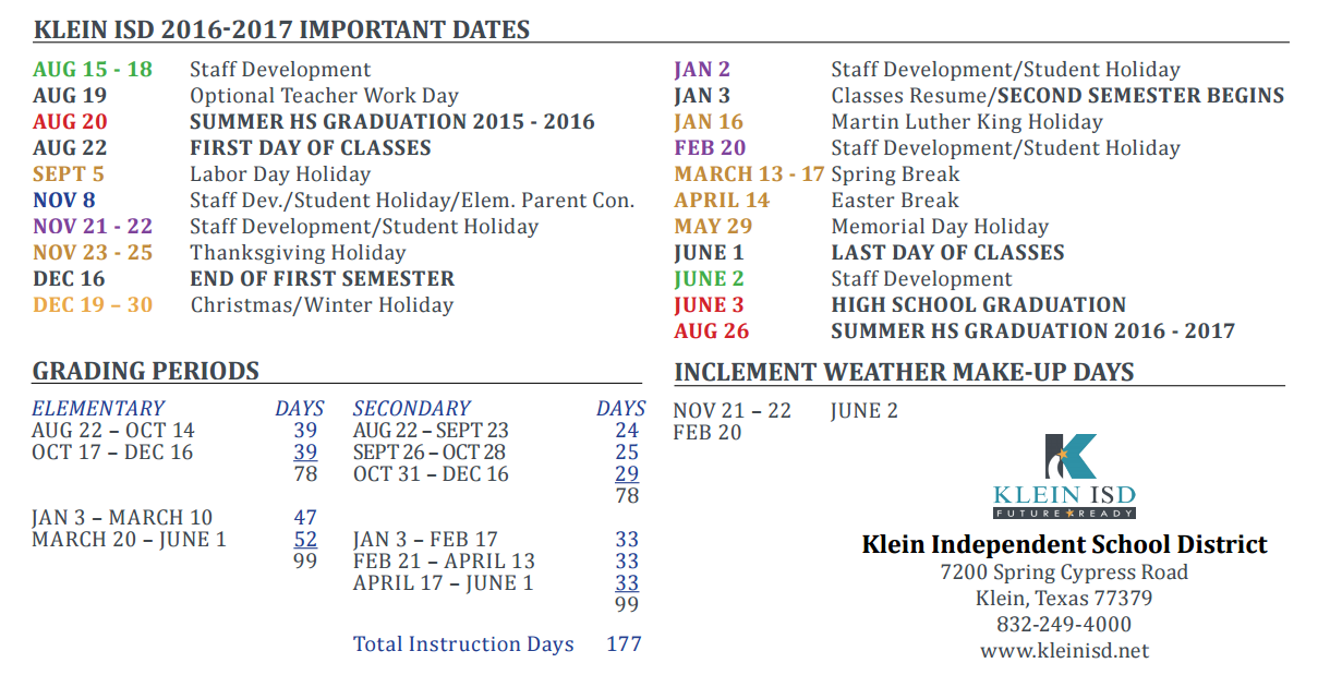 District School Academic Calendar Key for Wunderlich Intermediate