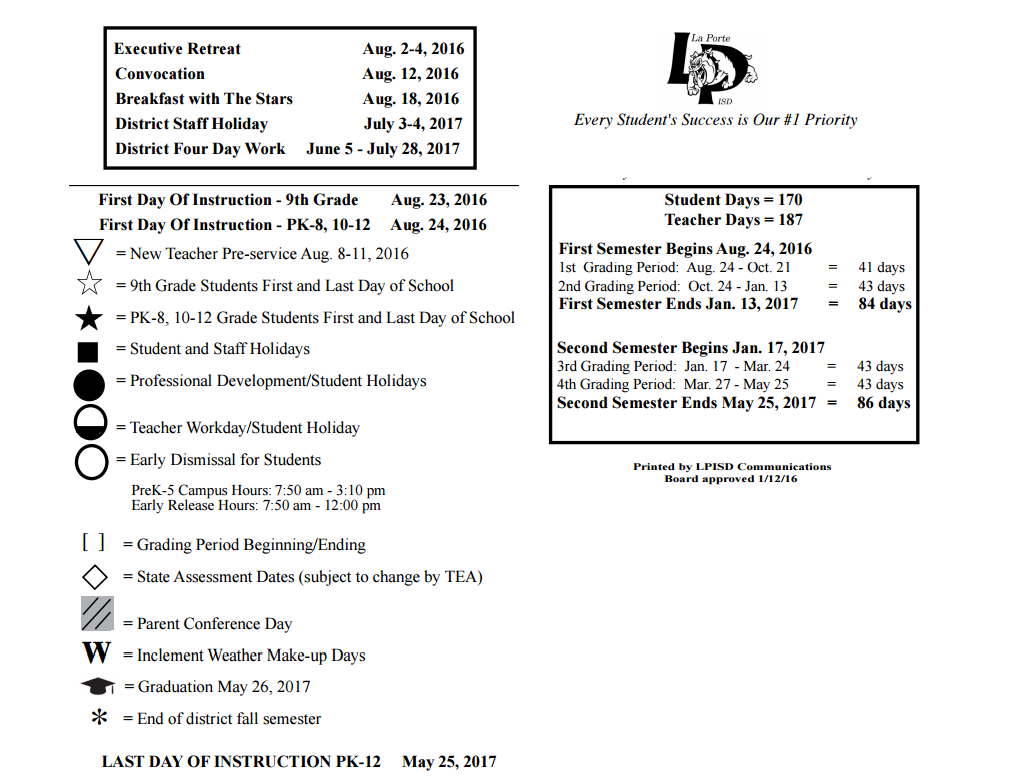 District School Academic Calendar Key for La Porte Elementary