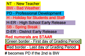 District School Academic Calendar Legend for Lakeway Elementary