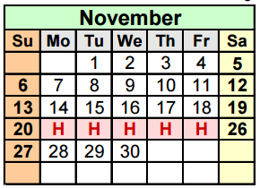 District School Academic Calendar for Hudson Bend Middle for November 2016