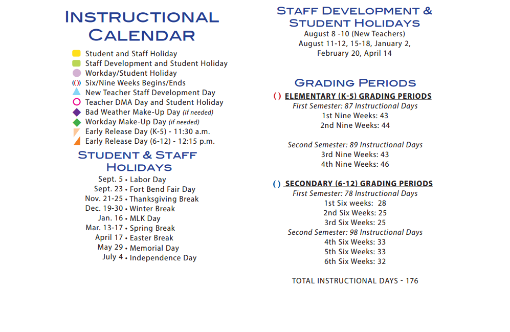 District School Academic Calendar Key for Fort Bend Co Alter