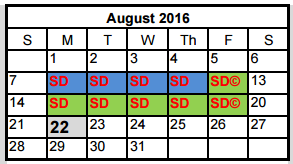 District School Academic Calendar for Running Brushy Middle School for August 2016