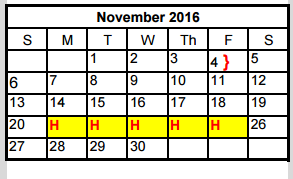 District School Academic Calendar for Parkside Elementary School for November 2016