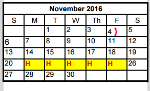 District School Academic Calendar for Cedar Park Middle School for November 2016