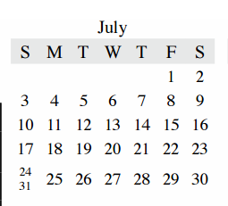 District School Academic Calendar for B B Owen Elementary for July 2016