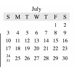 District School Academic Calendar for Parkway Elementary for July 2016