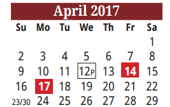District School Academic Calendar for Cameron Co J J A E P for April 2017