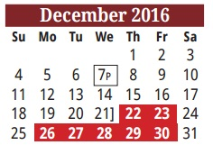District School Academic Calendar for H S #2 for December 2016