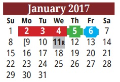 District School Academic Calendar for Cameron Co J J A E P for January 2017