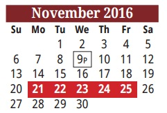 District School Academic Calendar for Cameron Co J J A E P for November 2016