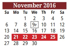 District School Academic Calendar for H S #2 for November 2016