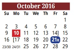 District School Academic Calendar for Cameron Co J J A E P for October 2016