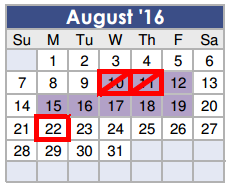 District School Academic Calendar for Willie E Williams Elementary for August 2016