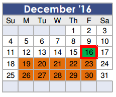 District School Academic Calendar for Tom R Ellisor Elementary for December 2016