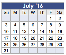District School Academic Calendar for J L Lyon Elementary for July 2016