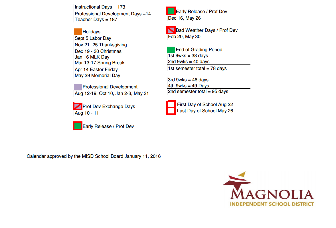 District School Academic Calendar Key for Magnolia Junior High