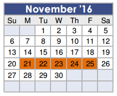 District School Academic Calendar for Tom R Ellisor Elementary for November 2016