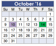 District School Academic Calendar for J L Lyon Elementary for October 2016
