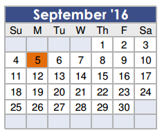 District School Academic Calendar for J L Lyon Elementary for September 2016