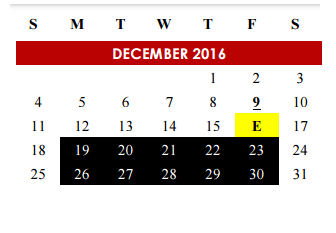 District School Academic Calendar for Manor Elementary School for December 2016