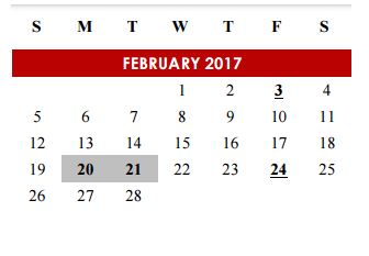 District School Academic Calendar for Travis Co J J A E P for February 2017