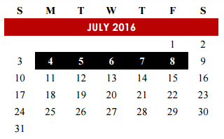 District School Academic Calendar for Excel High School for July 2016