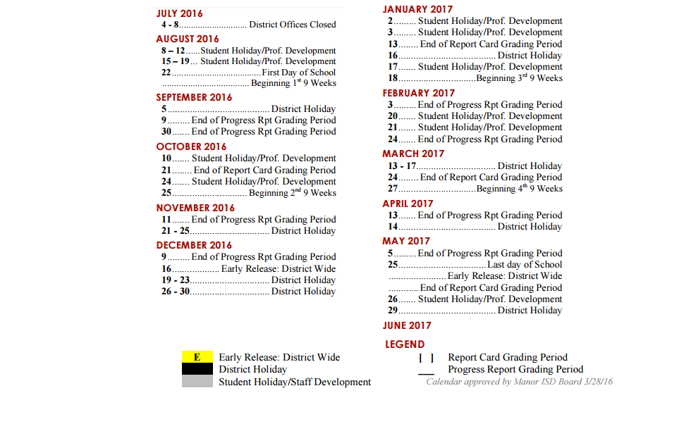 Manor High School School District Instructional Calendar Manor Isd