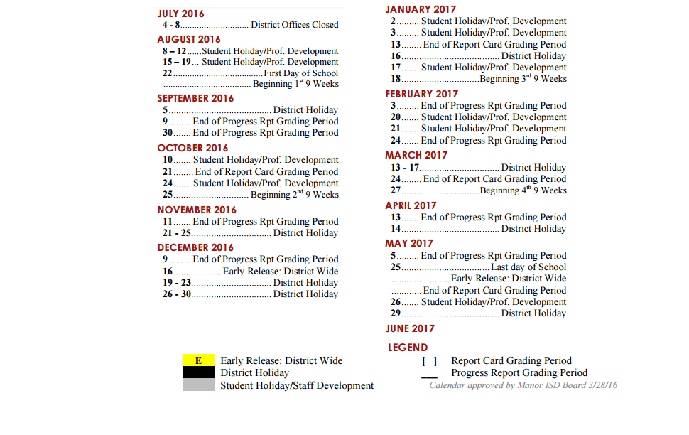 District School Academic Calendar Key for Travis Co J J A E P