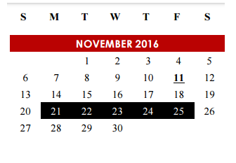 District School Academic Calendar for Travis Co J J A E P for November 2016