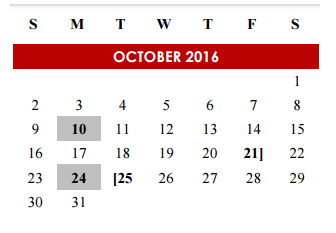 District School Academic Calendar for Travis Co J J A E P for October 2016