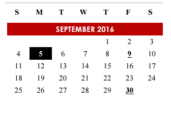 District School Academic Calendar for Manor Elementary School for September 2016