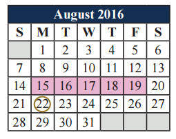 District School Academic Calendar for Alter Ed Ctr for August 2016