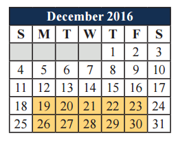 District School Academic Calendar for T A Howard Middle for December 2016