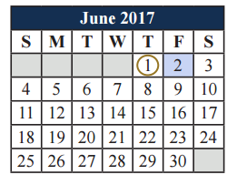 District School Academic Calendar for T A Howard Middle for June 2017