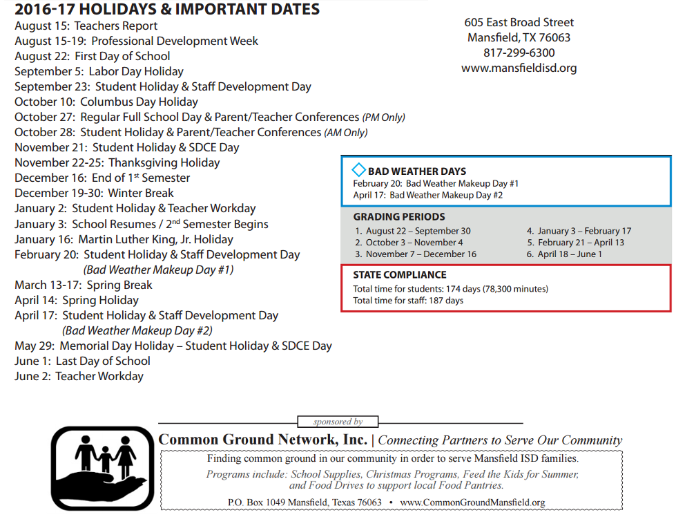 District School Academic Calendar Key for Cross Timbers Intermediate