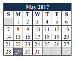 District School Academic Calendar for T A Howard Middle for May 2017