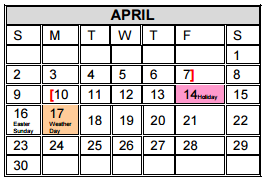District School Academic Calendar for Instr/guid Center for April 2017