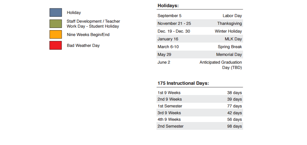 District School Academic Calendar Key for J J A E P