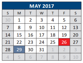 District School Academic Calendar for Jose De Jesus And Maria Luisa Vega for May 2017