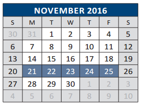District School Academic Calendar for Leonard Evans Jr Middle School for November 2016