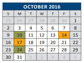 District School Academic Calendar for J J A E P for October 2016