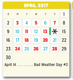 District School Academic Calendar for P A S S Learning Ctr for April 2017