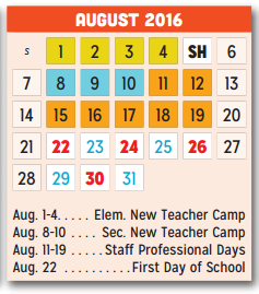 District School Academic Calendar for Hanby Elementary for August 2016